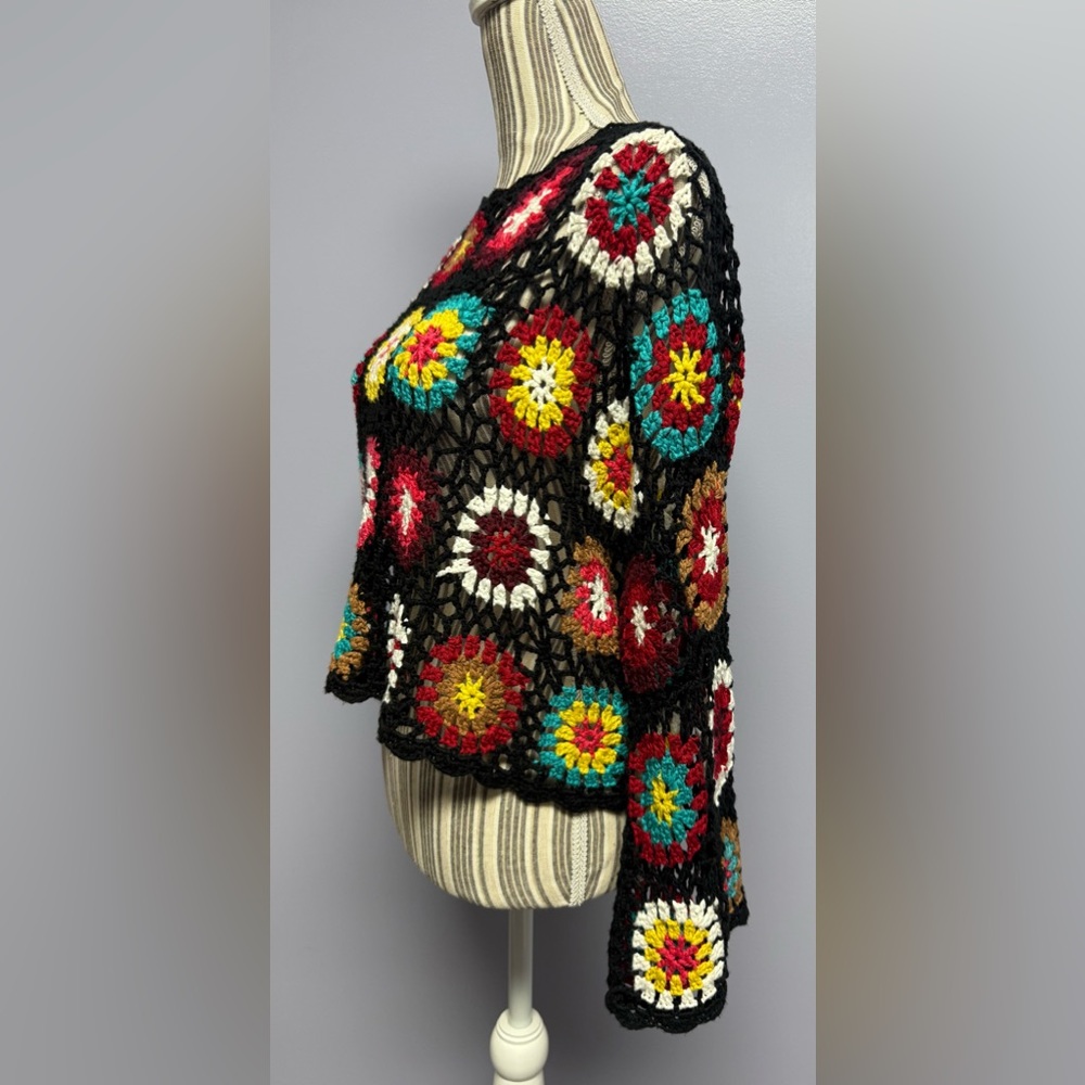 Wild Honey oversized bell sleeve Multicolor Crochet Knit cropped Sweater S - Picture 4 of 14